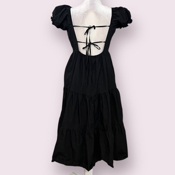 O.P.T. Black Cotton Puff Sleeve Midi Dress L Open Back Cottagecore Square Neck - Picture 2 of 9